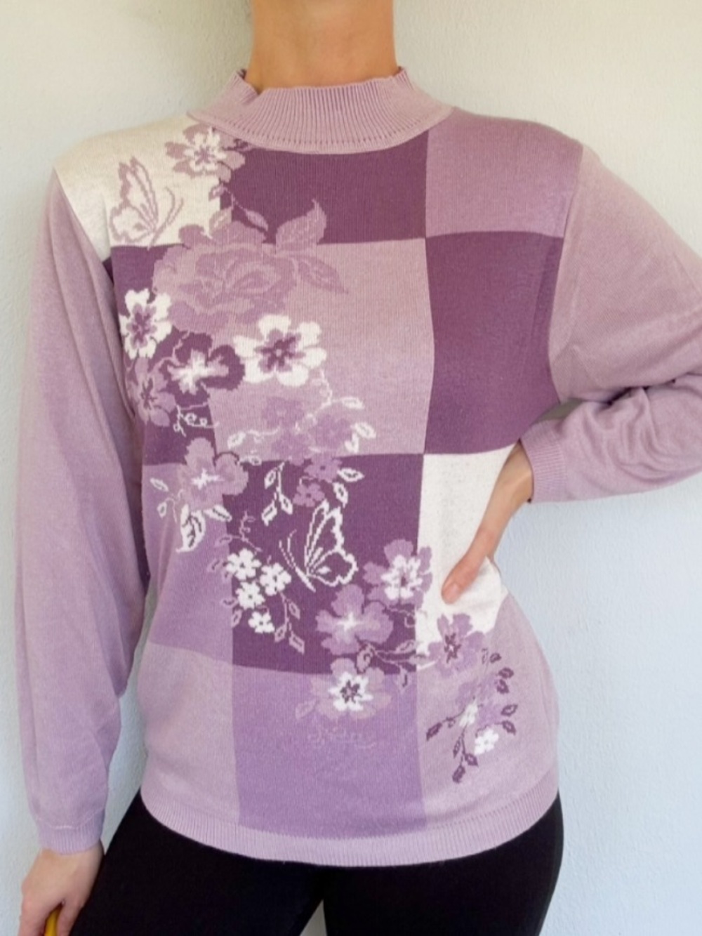 Vintage Alfred Dunner purple floral check print mock neck sweater size medium